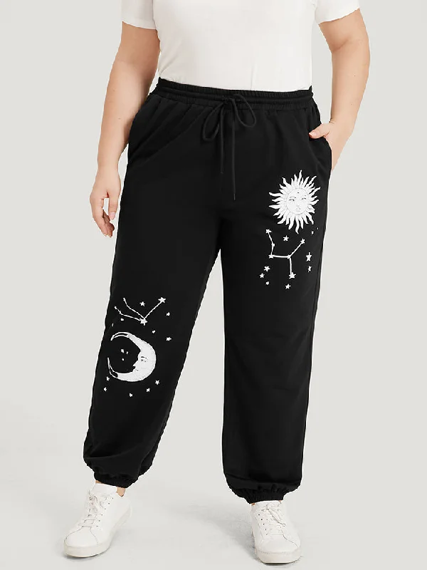 Moon and Star Print Pocket Drawstring Sweatpants