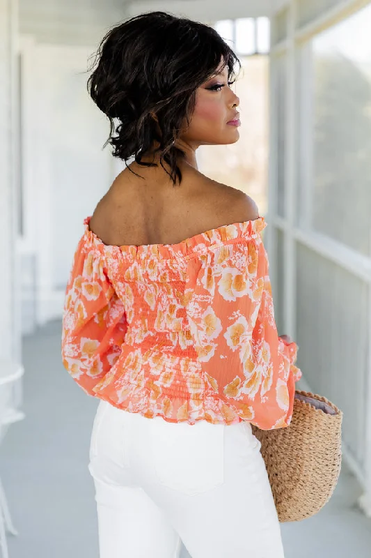 On A Whim Orange Floral Smocked Long Sleeve Blouse FINAL SALE