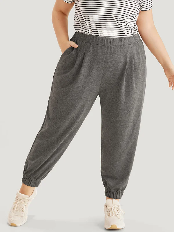 Plain Pocket Elastic Waist Carrot Sweatpants