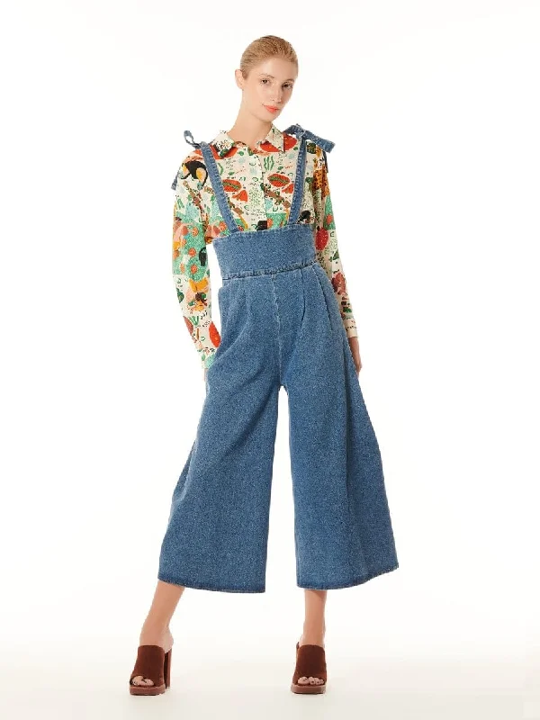 Tie-Shoulder Wide Leg Denim Overall Jumpsuit